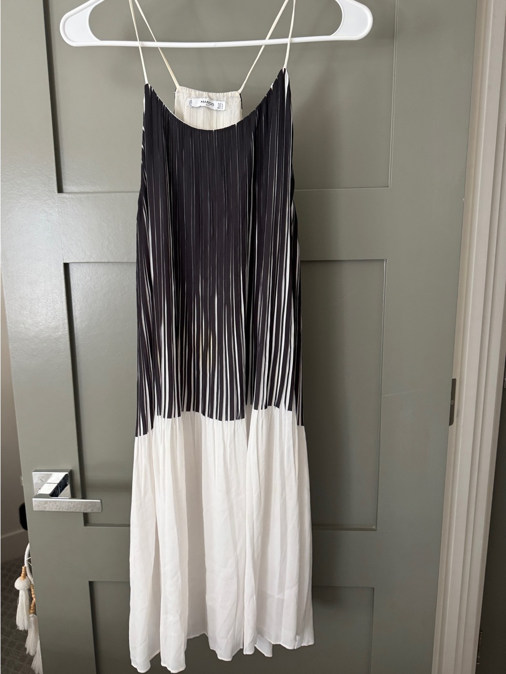 Mango Black and White Pleated Spaghetti Strap Maxi Dress